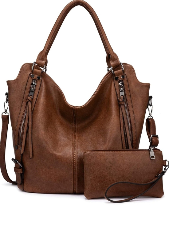 Classic Brown Leather-Style Tote Bag with Wristlet
